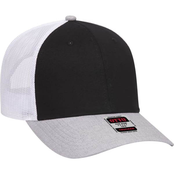 A black and white 6 panel trucker hat with a grey brim and a logo detail on the front.