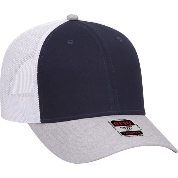 A navy blue and white 6-panel trucker hat with a grey peak and a logo on the front.