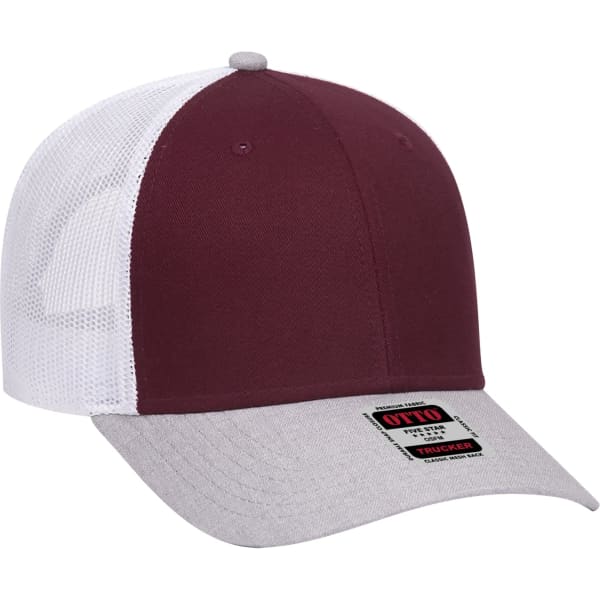 A burgundy and grey 6 Panel Trucker Hat featuring a mesh back and a branded label on the side.