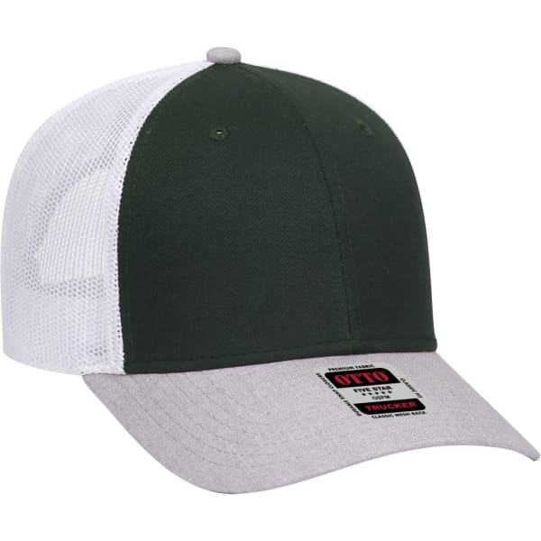 A green and white 6 panel trucker hat with a grey brim and a logo on the front.