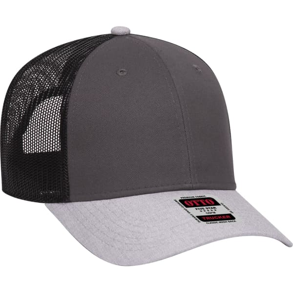 A grey 6 panel trucker hat with a black mesh back and a grey peak, featuring a logo on the front.