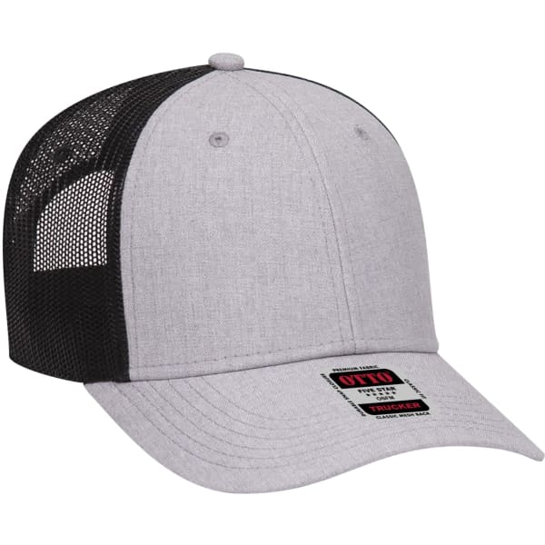 A grey and black 6-panel trucker hat featuring a mesh back and a logo on the front.