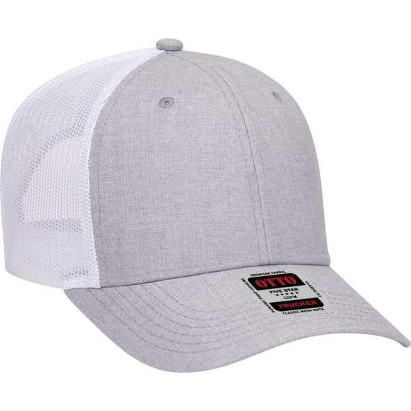 A grey 6-panel trucker hat with a mesh back and a branded label on the front.