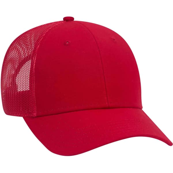 A red 6 panel trucker hat with a mesh back and a rounded crown design. It features a logo on the front.