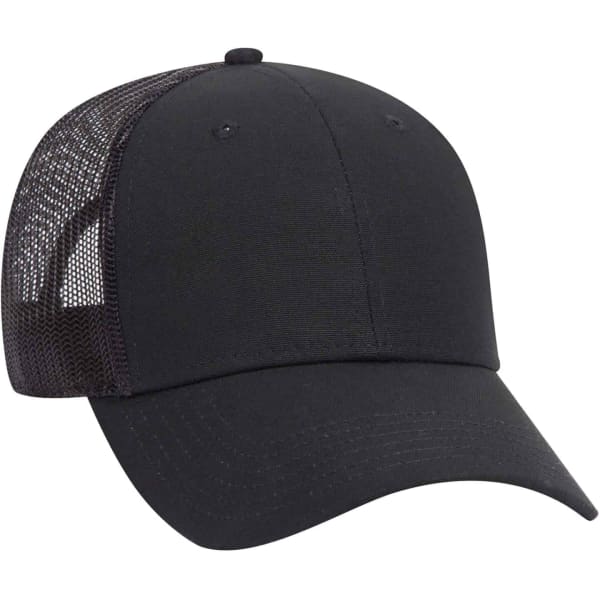 A black 6 panel trucker hat featuring a solid front and mesh back, with a button on top and a curved brim.