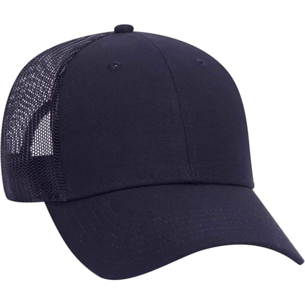 A navy blue 6 panel trucker hat featuring a solid front and mesh back, with a logo on the front.