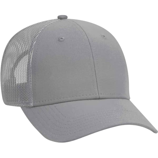 A grey 6 panel trucker hat with a mesh back and rounded peak, featuring a logo on the front.