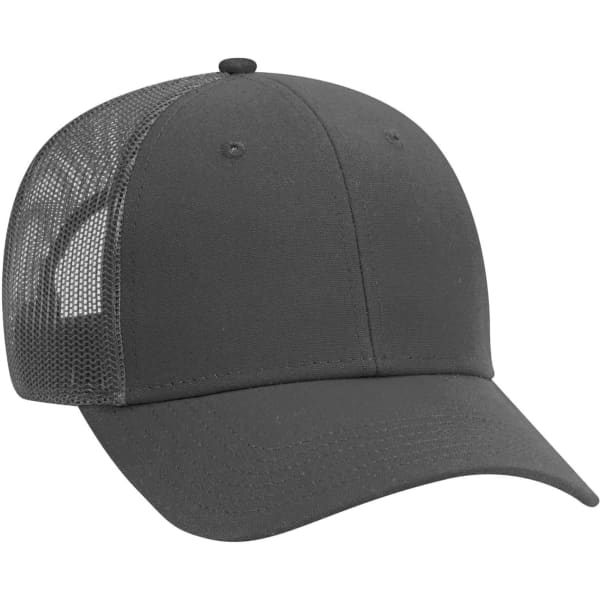 A grey six-panel trucker hat featuring a mesh back and a rounded crown. It includes a logo.