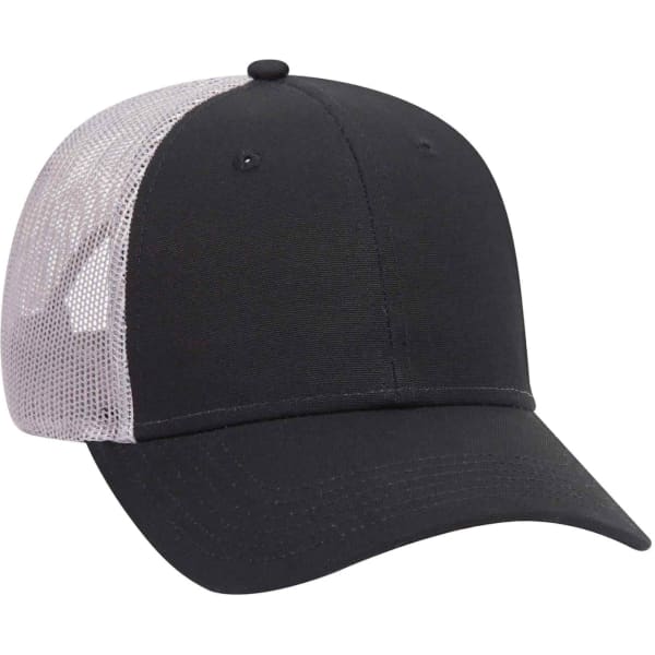 A black 6 panel trucker hat with a grey mesh back and a rounded peak, featuring a logo on the front.