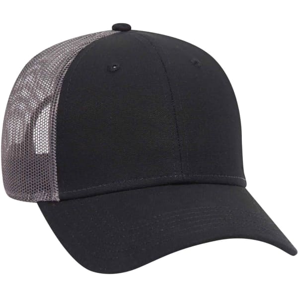 A black 6-panel trucker hat with a grey mesh back and a curved brim. It features a logo on the front.