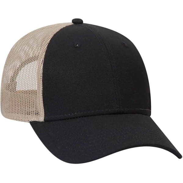 A black and beige 6 Panel Trucker Hat with a mesh back and a logo on the front.