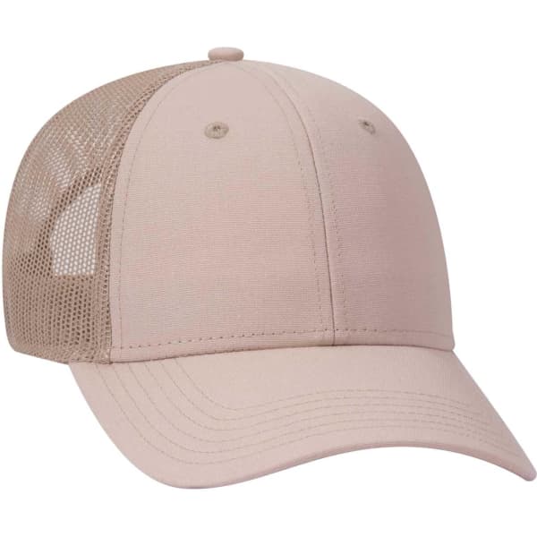 A beige 6 panel trucker hat with a mesh back and a closed front. It features a logo on the front.