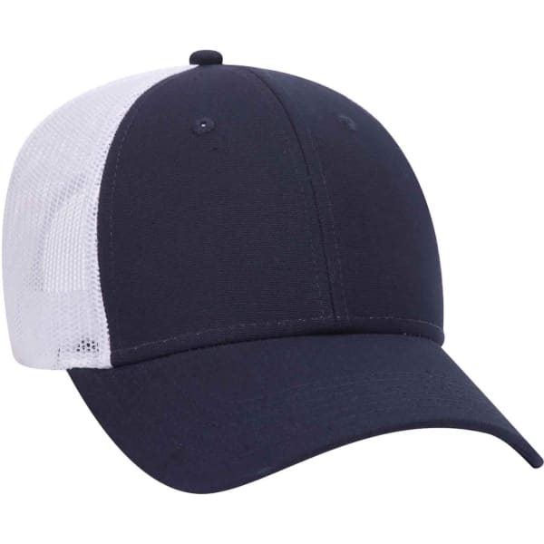 A navy blue 6 panel trucker hat with a white mesh back and a rounded peak. It has a logo on the front.
