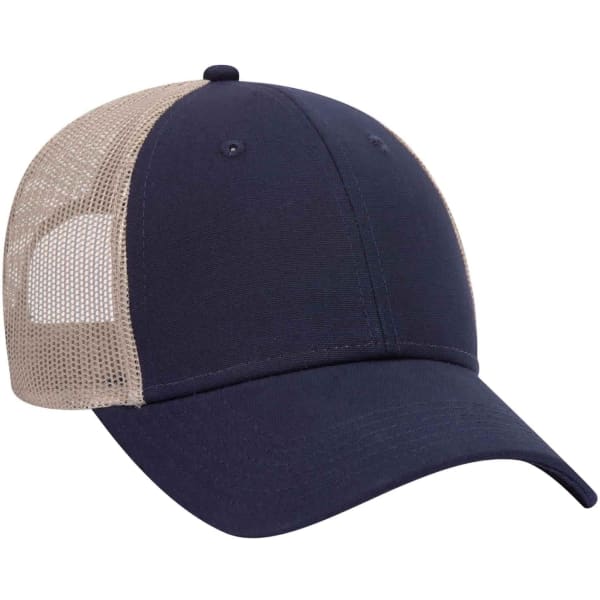 A navy blue 6 panel trucker hat with a tan mesh back and a rounded peak. Features a logo on the front.