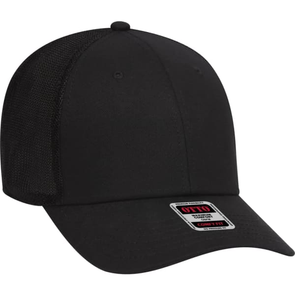 A black six-panel baseball cap with a mesh back and a logo on the front.