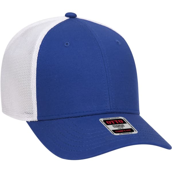 A blue and white 6-panel baseball cap with a mesh back and a logo on the front.