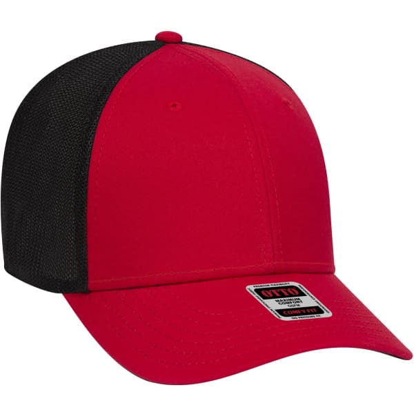 A red and black six-panel baseball cap with a mesh back and a logo tag.