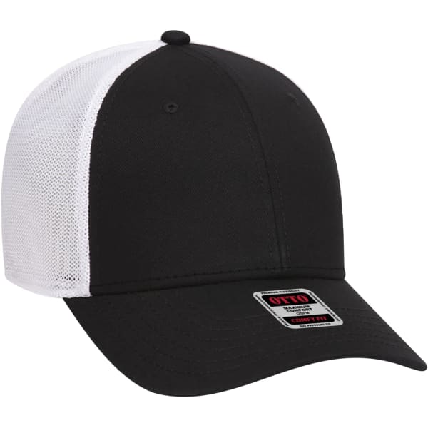 A black and white six-panel baseball cap featuring a mesh back and a logo on the front.