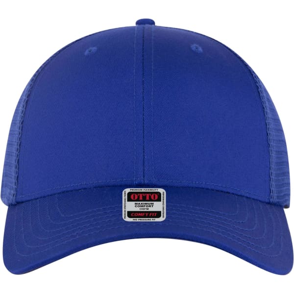 A blue low profile trucker cap with a six-panel design and a logo on the front.