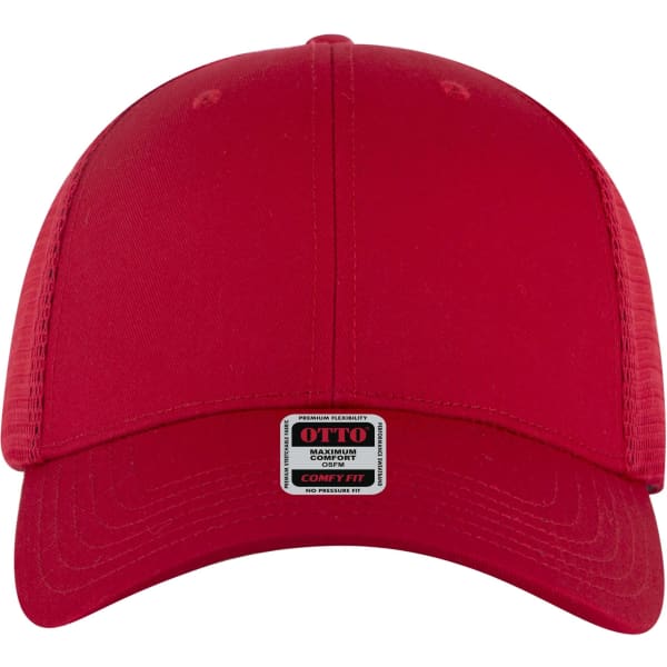 A red low profile trucker cap with a mesh back and a small logo label on the front.