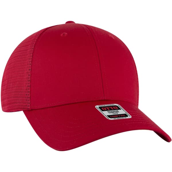 A red six-panel low profile trucker cap with a mesh back and a logo on the front.