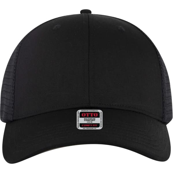A black low profile trucker cap featuring a structured front and mesh back, with a logo label on the front.