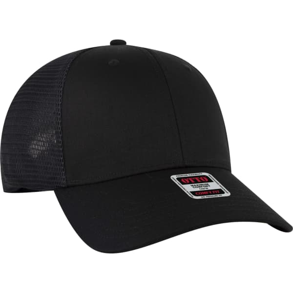 A black low profile trucker cap with a mesh back and a logo on the front.