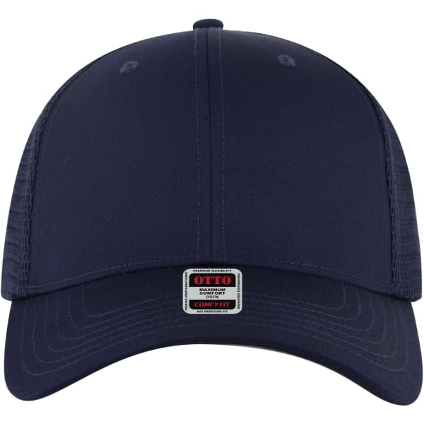 A navy blue low profile trucker cap with a mesh back and a small logo on the front.