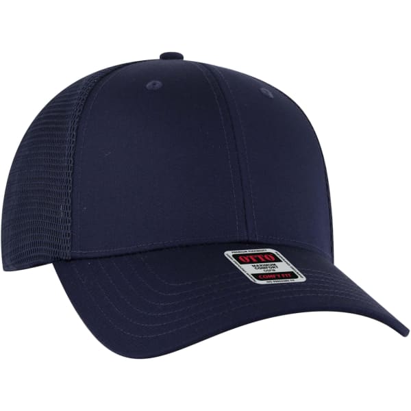 A navy blue 6 panel low profile trucker cap with mesh back and a logo on the front.