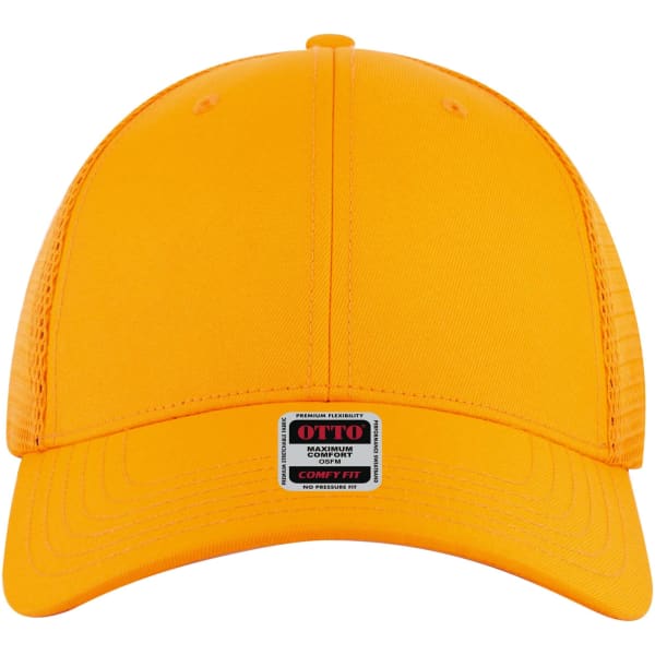 An orange low-profile trucker cap with a six-panel design and a logo on the front.