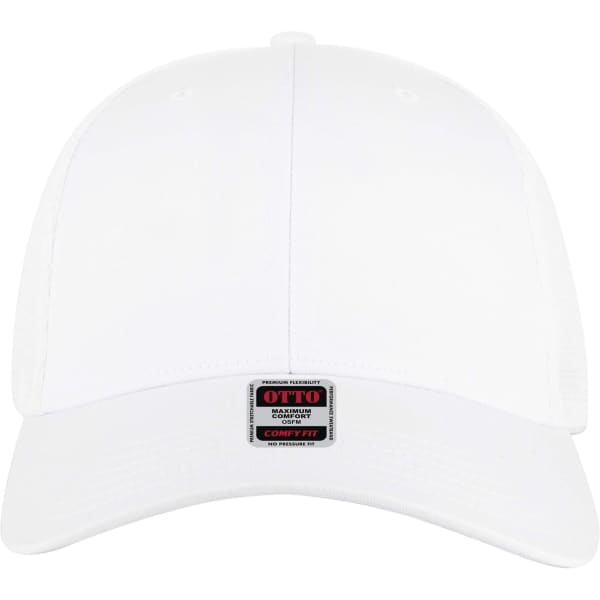 A white six-panel low profile trucker cap with a branding label on the front.