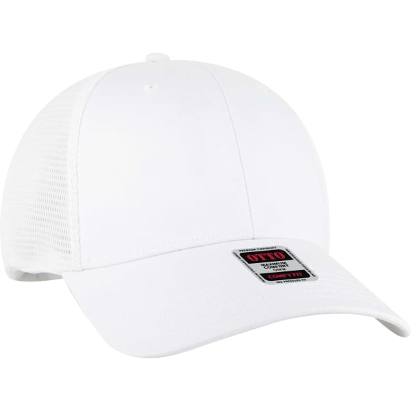 A white low profile trucker cap with a mesh back and a logo badge on the front.