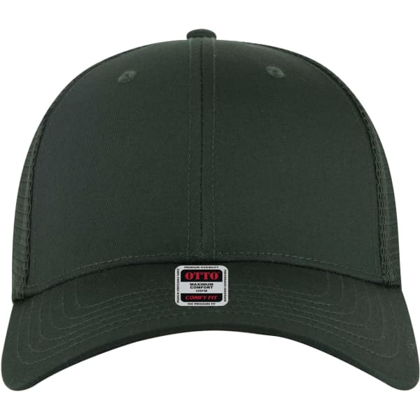 A dark green low profile trucker cap with a six-panel structure and a logo on the front.