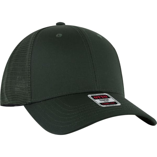A dark green low profile trucker cap featuring six panels, a curved brim, and a mesh back. It has a logo on the side.