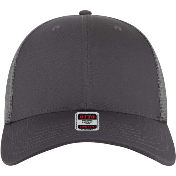 A low profile trucker cap in grey, featuring mesh panels and a logo on the front.