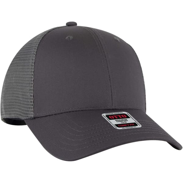A grey six-panel low profile trucker cap featuring a mesh back and a logo.