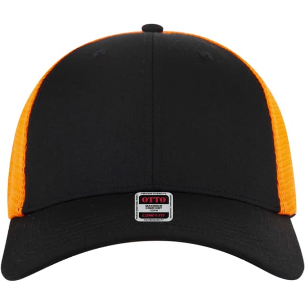 A black and orange six-panel low profile trucker cap featuring a logo on the front.