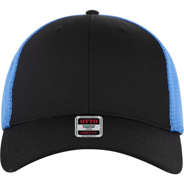 A low profile trucker cap featuring a black front and blue mesh back, with a branded label on the side.