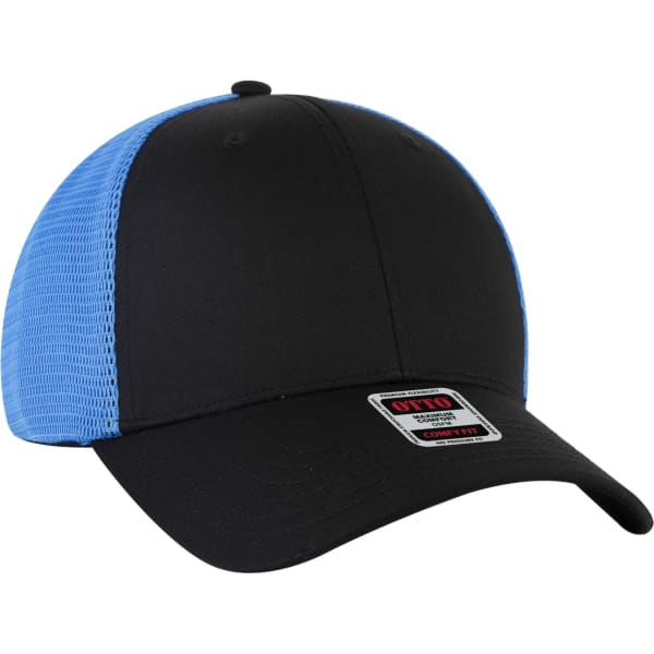 A black and blue six-panel low-profile trucker cap featuring a mesh back and a branded label.