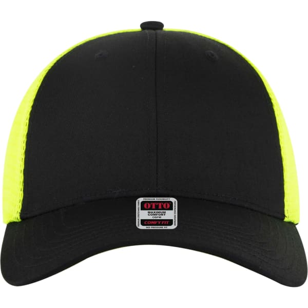A black trucker cap with a low profile and bright yellow mesh sides, featuring a logo on the front.