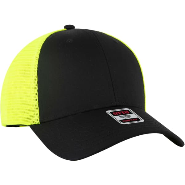 A black and neon yellow low profile trucker cap with a mesh back and a branded label.