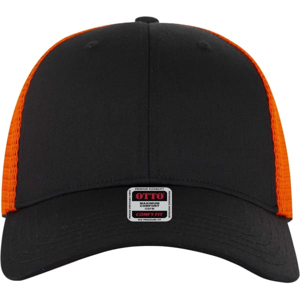 A black trucker cap with an orange mesh back and a logo on the front panel.