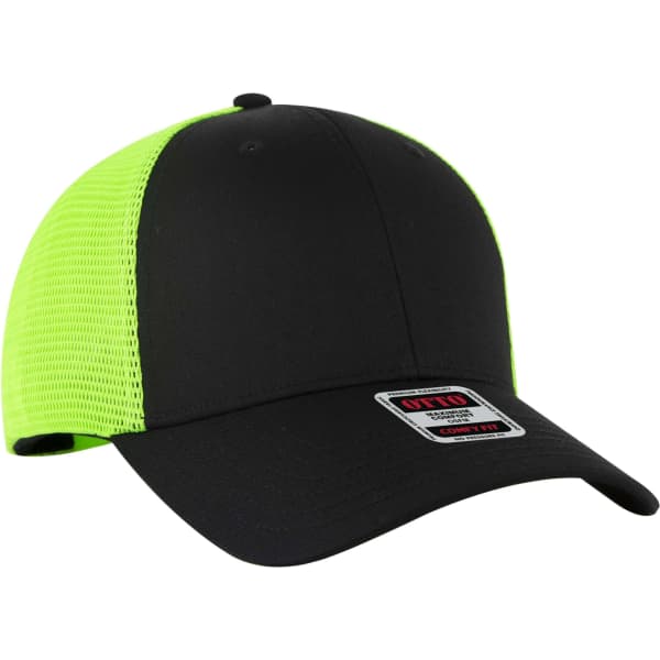 A black trucker cap with a bright green mesh back and a logo on the front.