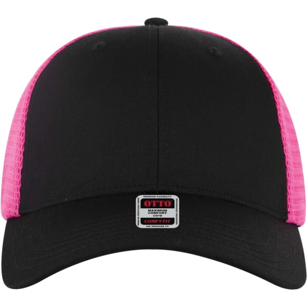 A six-panel low profile trucker cap in black with bright pink mesh sides and a branded label on the front.