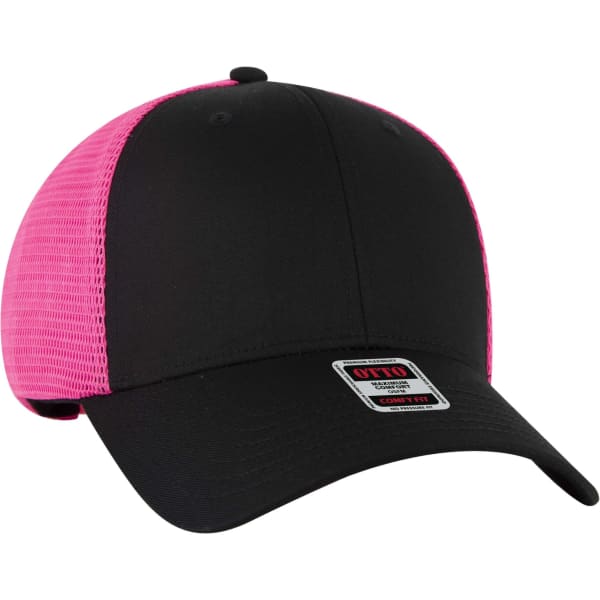 A black and hot pink six-panel low profile trucker cap with a mesh back and a branded tag.