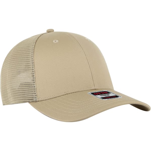 A beige low-profile trucker cap with a six-panel design and mesh side panels, featuring a logo.