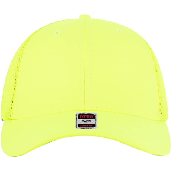 A bright yellow low-profile trucker cap with a mesh back and a branded label at the front.