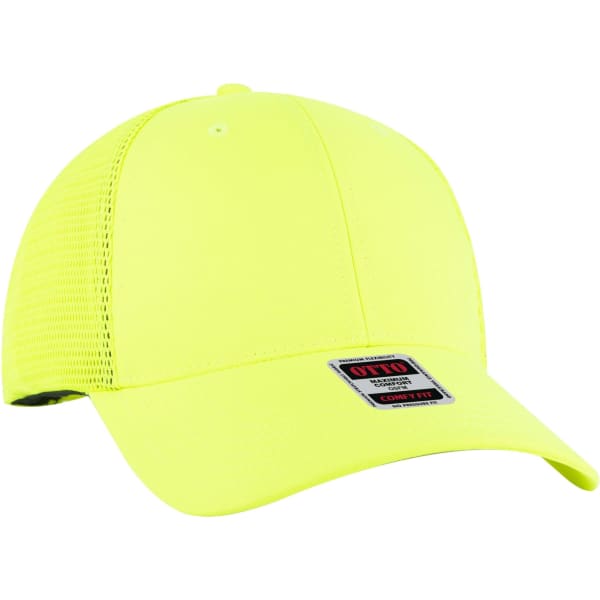A bright yellow low profile trucker cap with a mesh back and an attached logo.