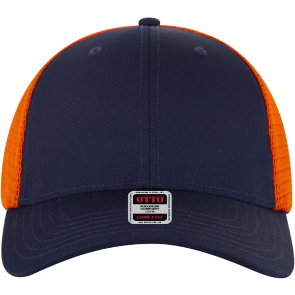 A navy blue and orange low profile trucker cap with a fabric front and mesh back, featuring a logo.