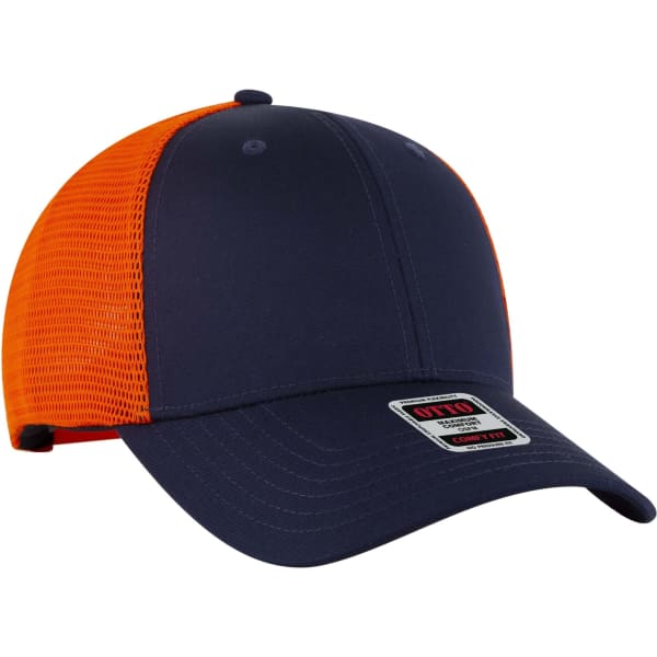 A navy blue and bright orange low profile trucker cap featuring mesh panels and a logo.